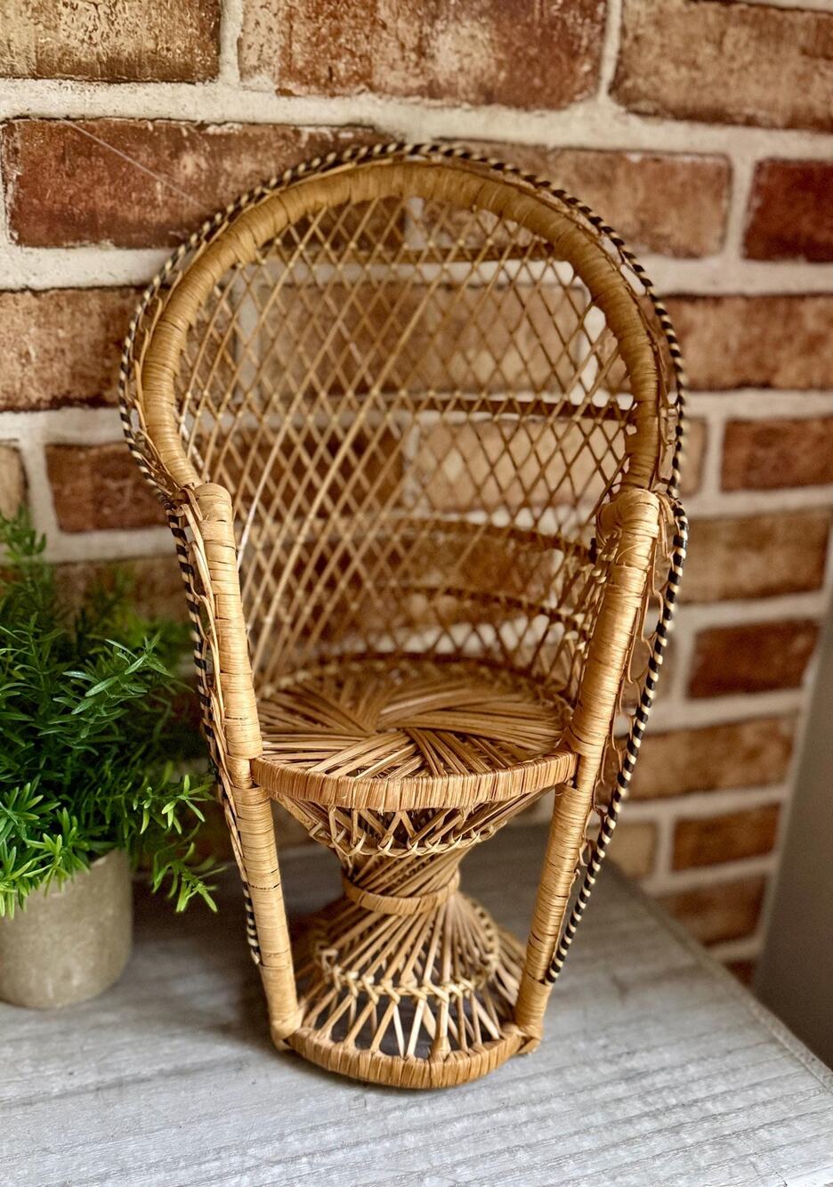 Miniature Peacock Chair | 1970s Rattan Wicker Fan Back